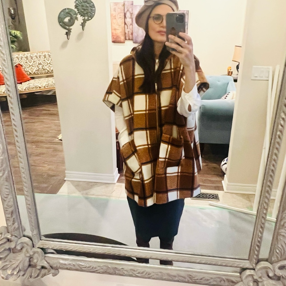Brown and White Plaid Cape with Oversized Silhouette
